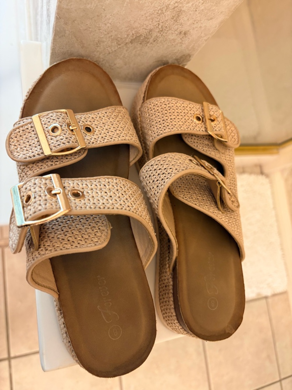 Woven Double-Buckle Slide Sandals in Beige